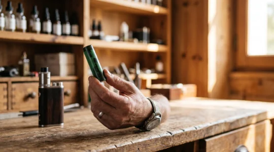 Main tenant un accu 18650 cylindrique à côté d'un mod de cigarette électronique, dans une ambiance de vape shop français