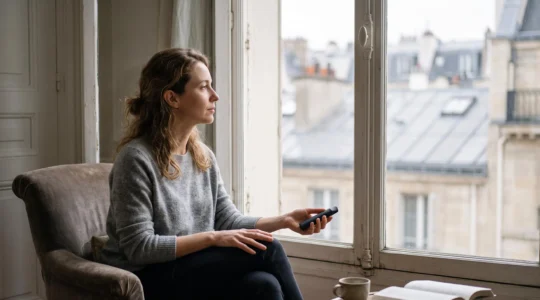 Une personne tenant délicatement sa cigarette électronique près d'une fenêtre parisienne, dans une réflexion calme sur la réduction progressive de sa dépendance à la vape.