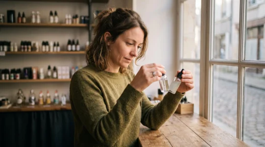 Une personne en France comparant deux flacons d'e-liquide aux textures différentes, symbolisant le choix entre un ratio PG/VG fluide et un ratio plus épais.