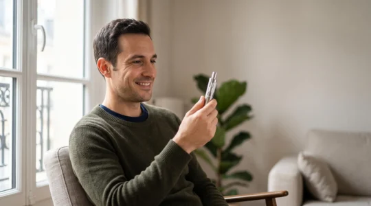 Vapoteur tenant délicatement un clearomiseur simple et transparent près d'une fenêtre baignée de lumière naturelle, dans un intérieur français épuré