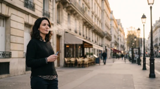 Adulte tenant calmement une cigarette electronique dans une rue parisienne, illustrant la transition sereine du tabac vers la vape
