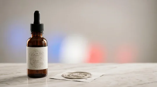 Flacon d'e-liquide stylisé associé à un sceau de conformité évoquant le respect des normes TPD en France