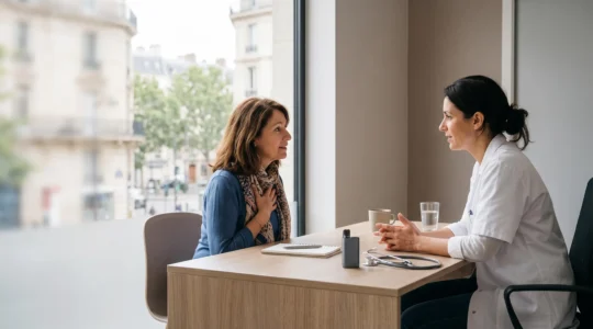 Consultation medicale entre un patient et un professionnel de sante autour du sevrage tabagique et de la cigarette electronique
