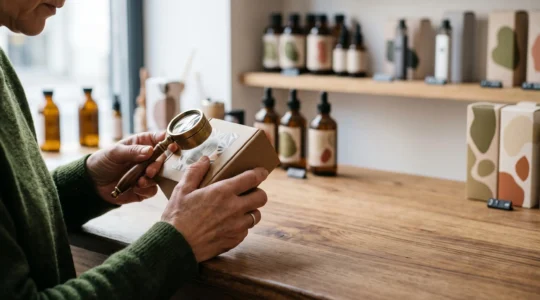 Un consommateur examine attentivement l'emballage d'une cigarette électronique avant de l'acheter, à la recherche de signes de contrefaçon
