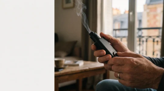 Vapoteur en France ajustant le mode contrôle de température de sa cigarette électronique pour une saveur constante