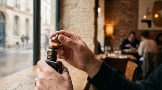 Gros plan sur une main inspectant la résistance d'une cigarette électronique à la lumière naturelle d'une fenêtre parisienne