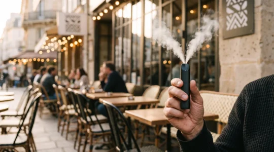 Main tenant une cigarette électronique avec un nuage de vapeur symbolisant l'équilibre du dosage de nicotine