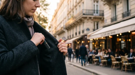 Main tenant un etui de protection rigide pour accu de cigarette electronique avant de le ranger dans une poche, dans un cadre urbain francais