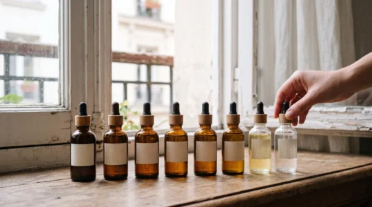 Flacons de e-liquide alignés en dégradé du plus foncé au plus clair, symbolisant la baisse progressive du taux de nicotine sur douze mois