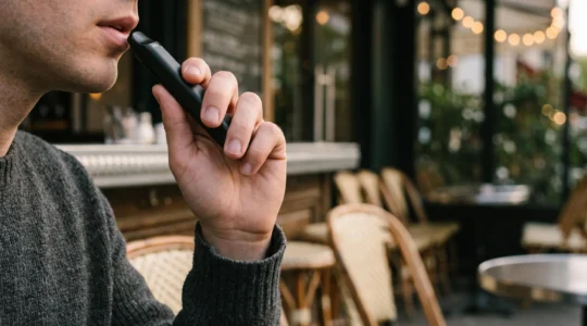 Main tenant une cigarette électronique à mi-chemin vers la bouche, illustrant le rituel gestuel du fumeur