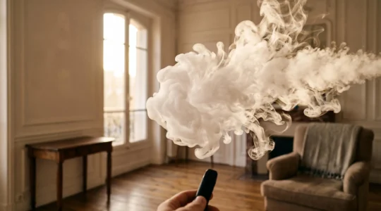 Nuage de vapeur épais et soyeux s'élevant dans une lumière chaude, illustrant la richesse en glycérine végétale d'un e-liquide