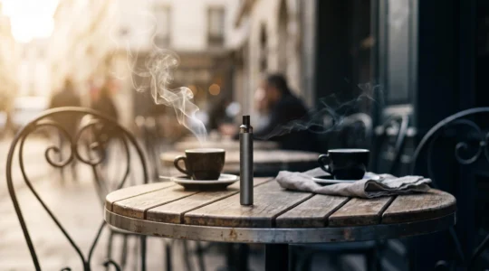 Cigarette électronique posée sur une table en bois avec un léger nuage de vapeur, symbolisant la frontière entre une bouffée réussie et un dry hit