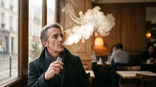 Vapoteur français savourant une bouffée de vapeur dans une ambiance de café parisien, illustrant la quête du hit en gorge parfait