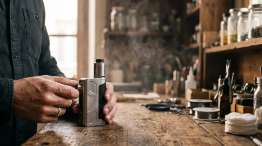 Main ajustant avec precision un mod electronique dans un atelier de vape francais baigne de lumiere naturelle