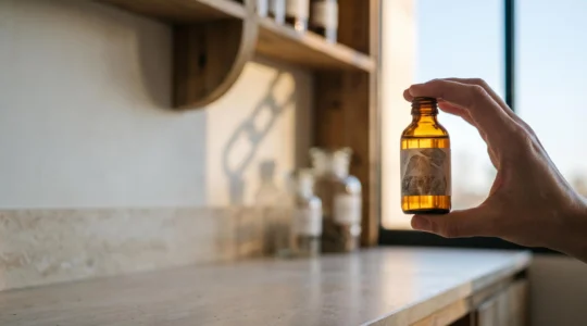Flacon d'e-liquide en verre ambre tenu a contre-jour dans un laboratoire francais epure, symbolisant la tracabilite du produit