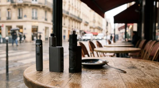 Trois dispositifs de vapotage disposés en ordre croissant de complexité, symbolisant la progression du vapoteur débutant à expert