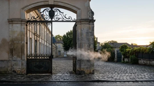 Portail d'un établissement scolaire français au petit matin, symbole de l'interdiction totale du vapotage, lumière douce et cour vide