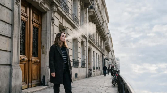 Vapoteur consultant les règles de vapotage dans une rue parisienne, illustrant la réglementation française de la cigarette électronique
