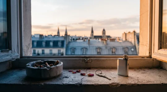 Transition symbolique entre un cendrier de cigarettes éteintes et une cigarette électronique pod posée sur un rebord de fenêtre parisien
