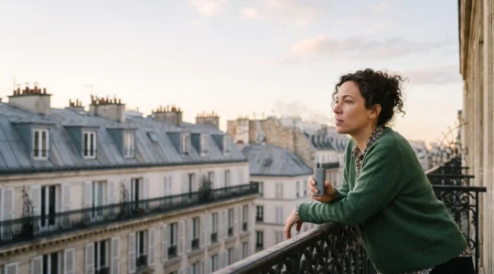 Une personne savoure une bouffee de vapotage en technique MTL sur un balcon parisien, a la recherche de la sensation exacte de son ancienne cigarette
