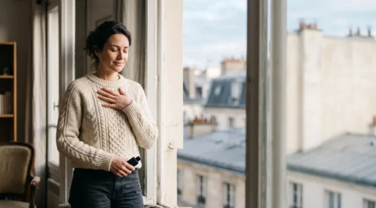 Une personne respire calmement face à une fenêtre lumineuse, symbolisant la maîtrise d'une envie de fumer sans rechute