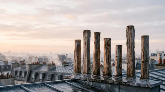 Sept piliers de bois formant une structure solide sous une lumiere douce, symbolisant une strategie d'arret du tabac durable