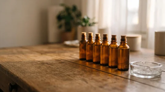 Flacons compte-gouttes d'arômes concentrés alignés sur une table en bois à côté d'un cendrier vide, symbolisant la transition du tabac vers le e-liquide DIY