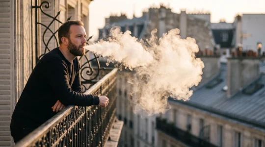 Vapoteur exhalant un nuage de vapeur dense et lumineux dans une ambiance urbaine française au crépuscule