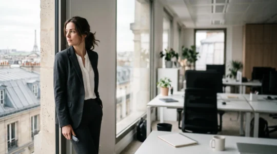 Salarié en costume tenant discrètement une cigarette électronique près d'une fenêtre de bureau parisien, illustrant le dilemme du vapotage en entreprise