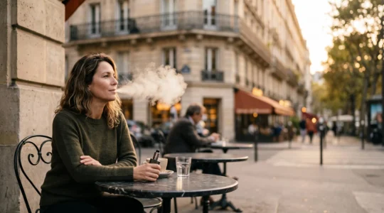 Personne vapotant sereinement une cigarette électronique CBD dans un cadre urbain français, illustrant l'équilibre entre plaisir et respect de la réglementation