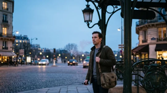 Voyageur tenant discrètement une cigarette électronique près de l'entrée d'une station de métro parisienne, illustrant le dilemme entre habitude et réglementation