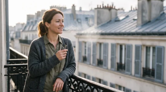 Personne utilisant sereinement sa cigarette électronique lors d'une pause quotidienne sur un balcon parisien