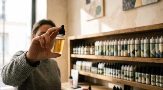Main tenant un flacon d'e-liquide face à la lumière dans une boutique de vape française pour vérifier sa conformité