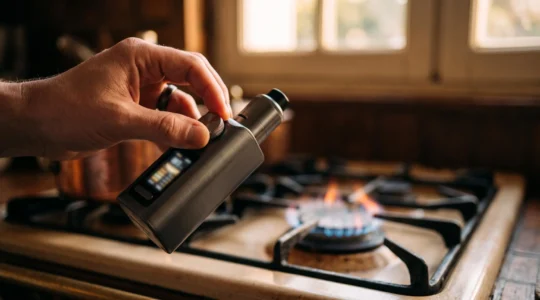 Main réglant avec précision le wattage d'une cigarette électronique, évoquant le geste d'un chef ajustant une flamme de cuisson